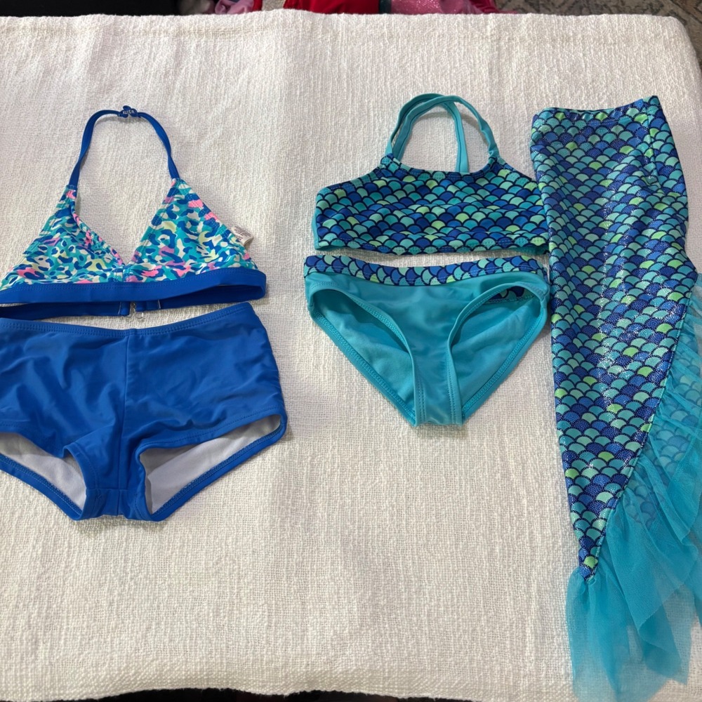 OP & Wonder Nation Girls Swimsuit Bundle Mermaid Tail Leopard Blue XS 4-5 5pc